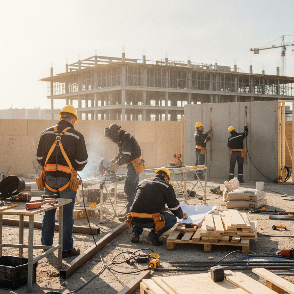 Create a realistic, professional service-business photograph showing Skilled Trade Staffing from behind, with the backs of their heads visible. Do not show any faces, facial features, front-facing views or side views, profiles, or identifia